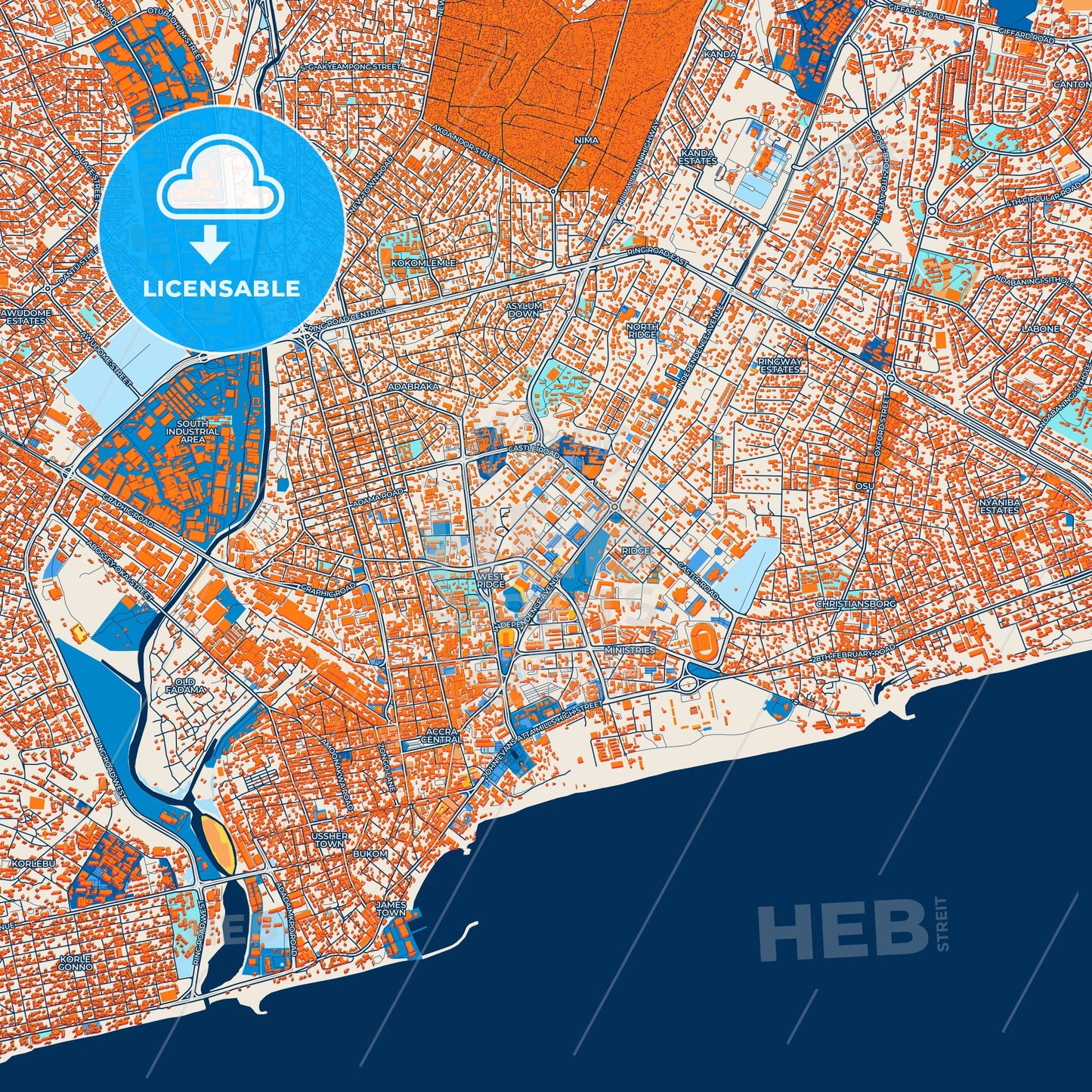 Colorful Accra Street Map with Labels and Buildings