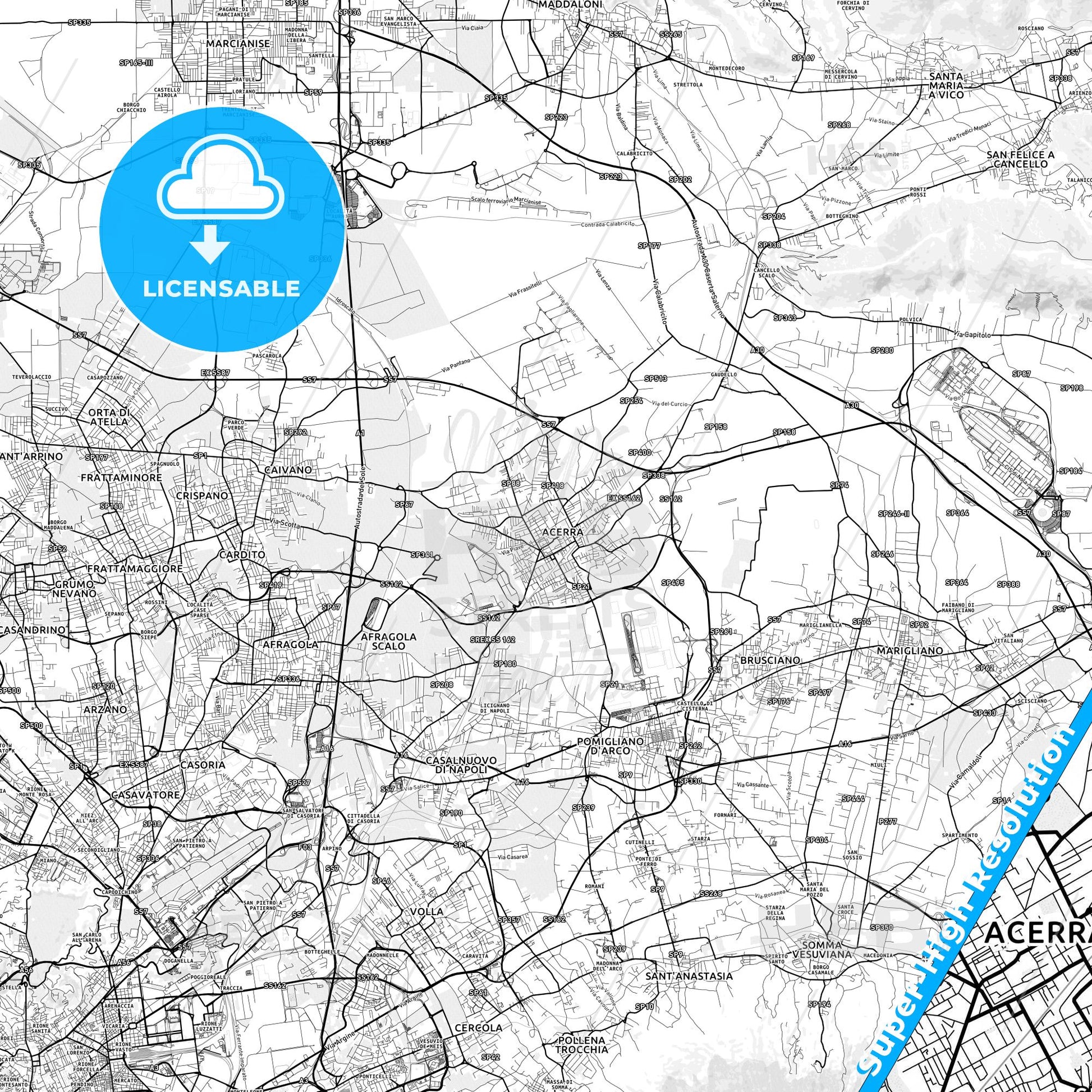 Acerra, Italy light map with streetnames, citynames and districts