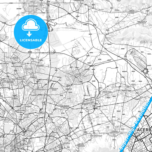Acerra, Italy light map with streetnames, citynames and districts