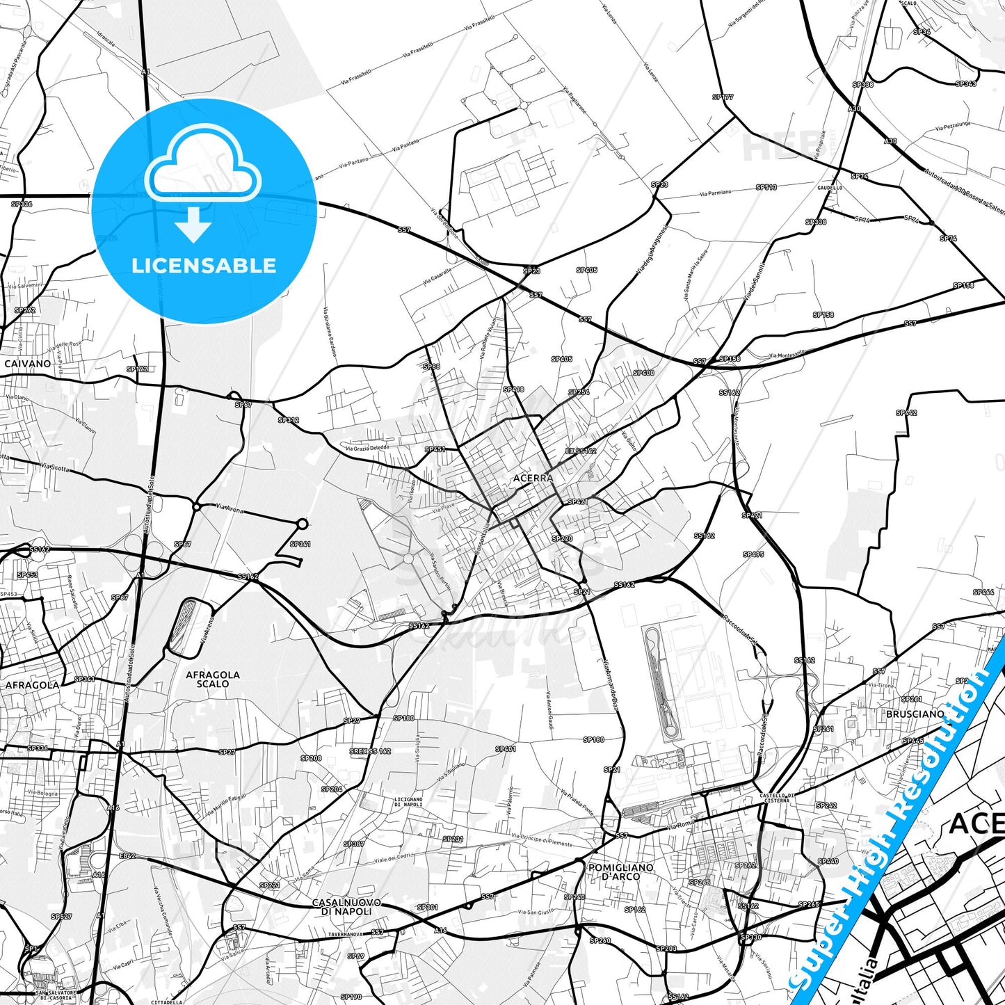 Acerra, Italy Light Map with Street Names, City Names, and Districts