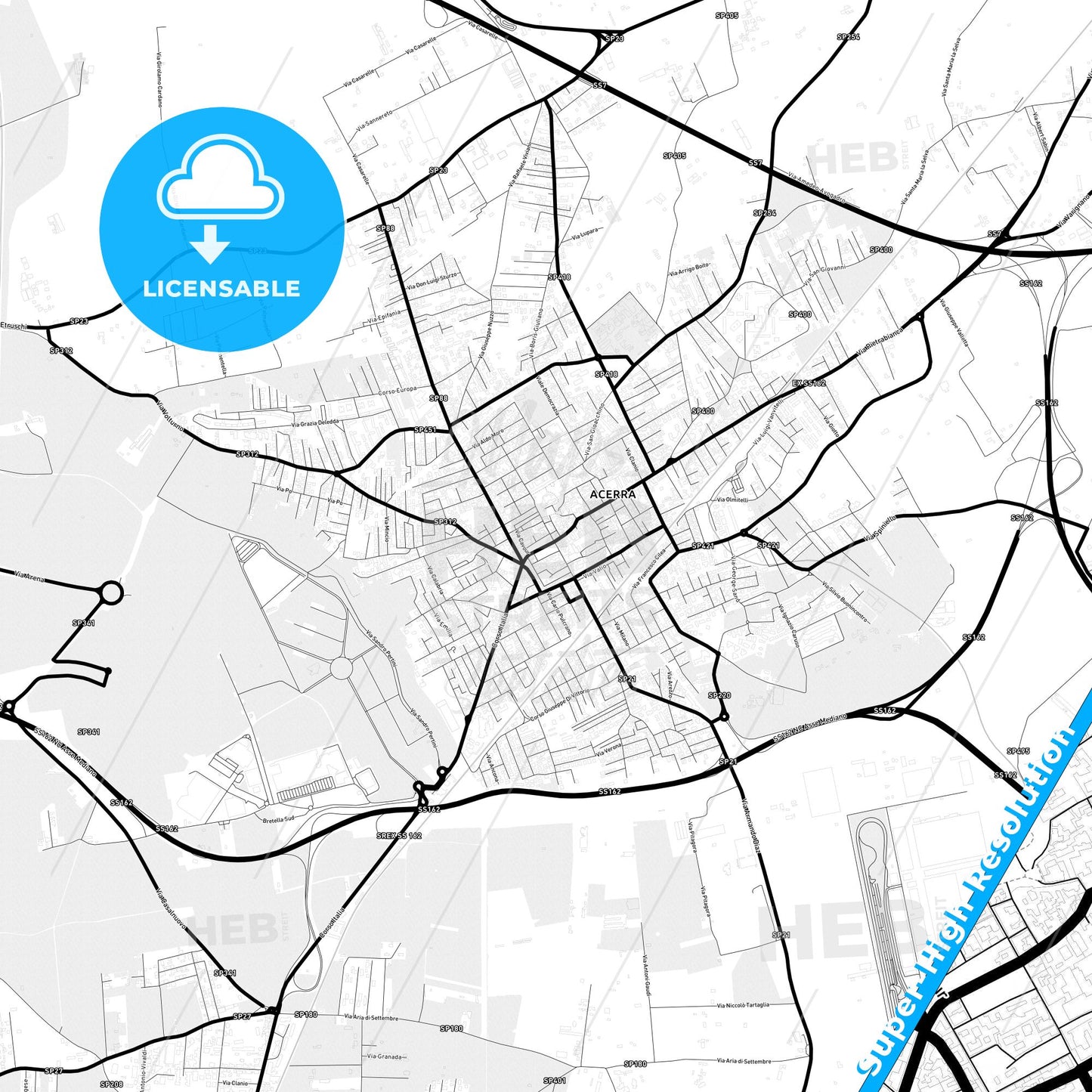 Acerra, Italy Light Map with Street Names, City Names, and Districts