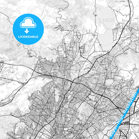 Acharnes, Greece light map with streetnames, citynames and districts