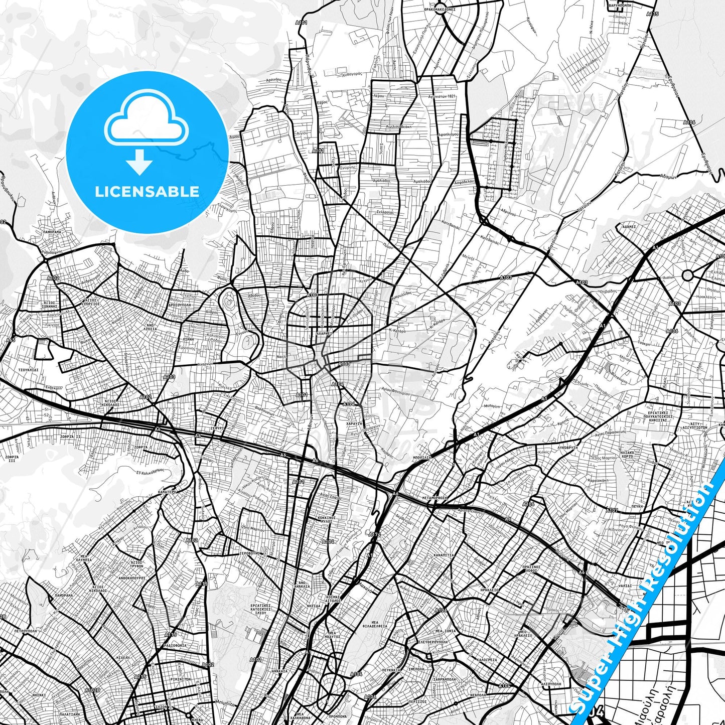 Acharnes, Greece Light Map with Street Names, City Names, and Districts