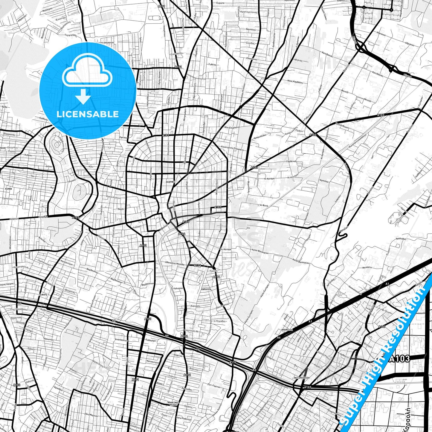 Acharnes, Greece Light Map with Street Names, City Names, and Districts