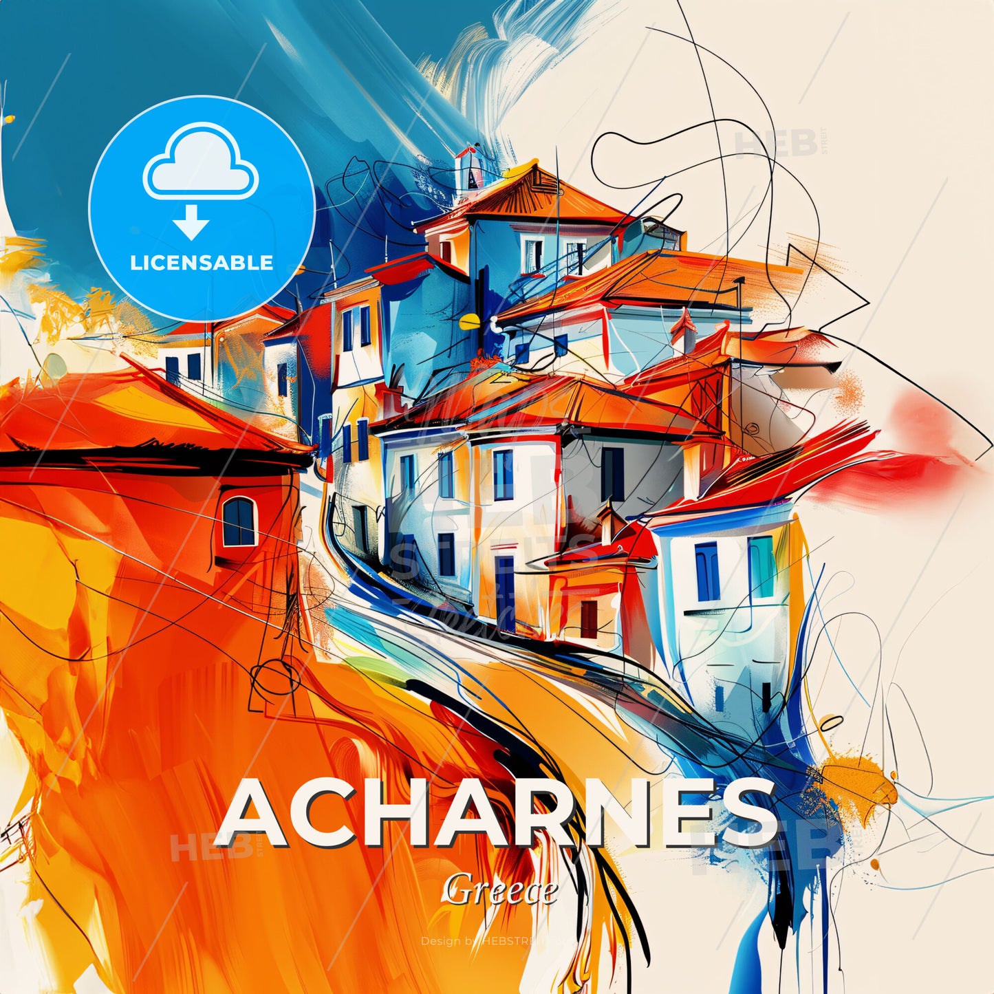 Vibrant Acharnes, Greece - A Painting Of A Town - Square format print template