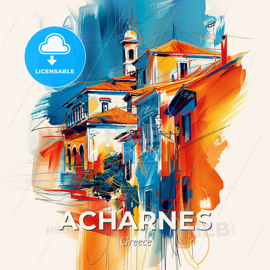 Vibrant Acharnes, Greece - A Painting Of A Building - Square format print template