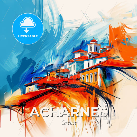 Vibrant Acharnes, Greece - A Painting Of A Building - Square format print template