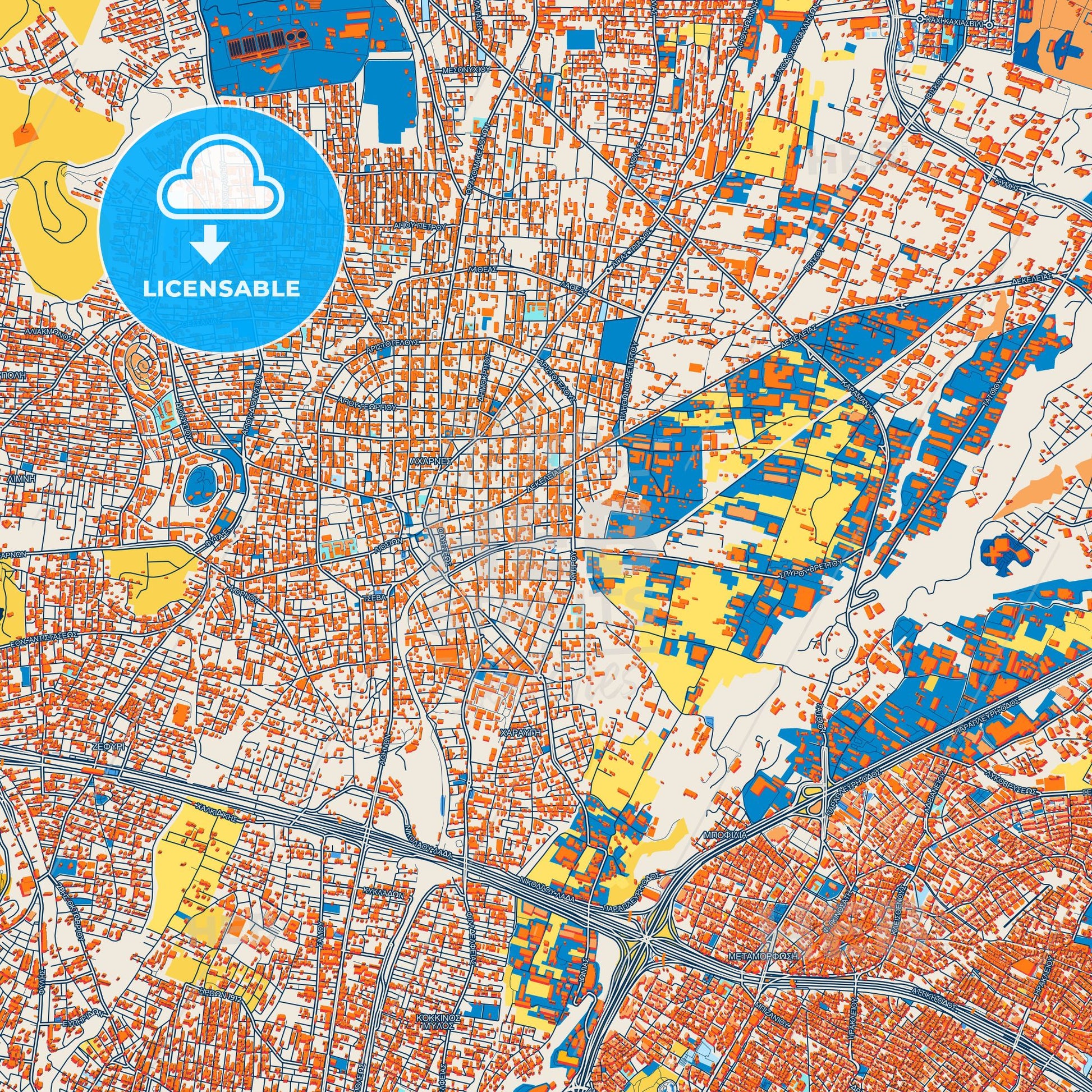 Colorful Acharnes Street Map with Labels and Buildings