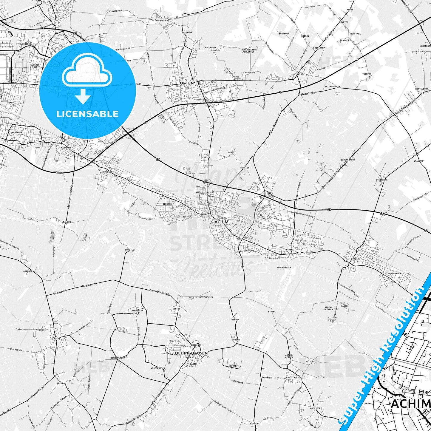 Achim, Germany light map with streetnames, citynames and districts