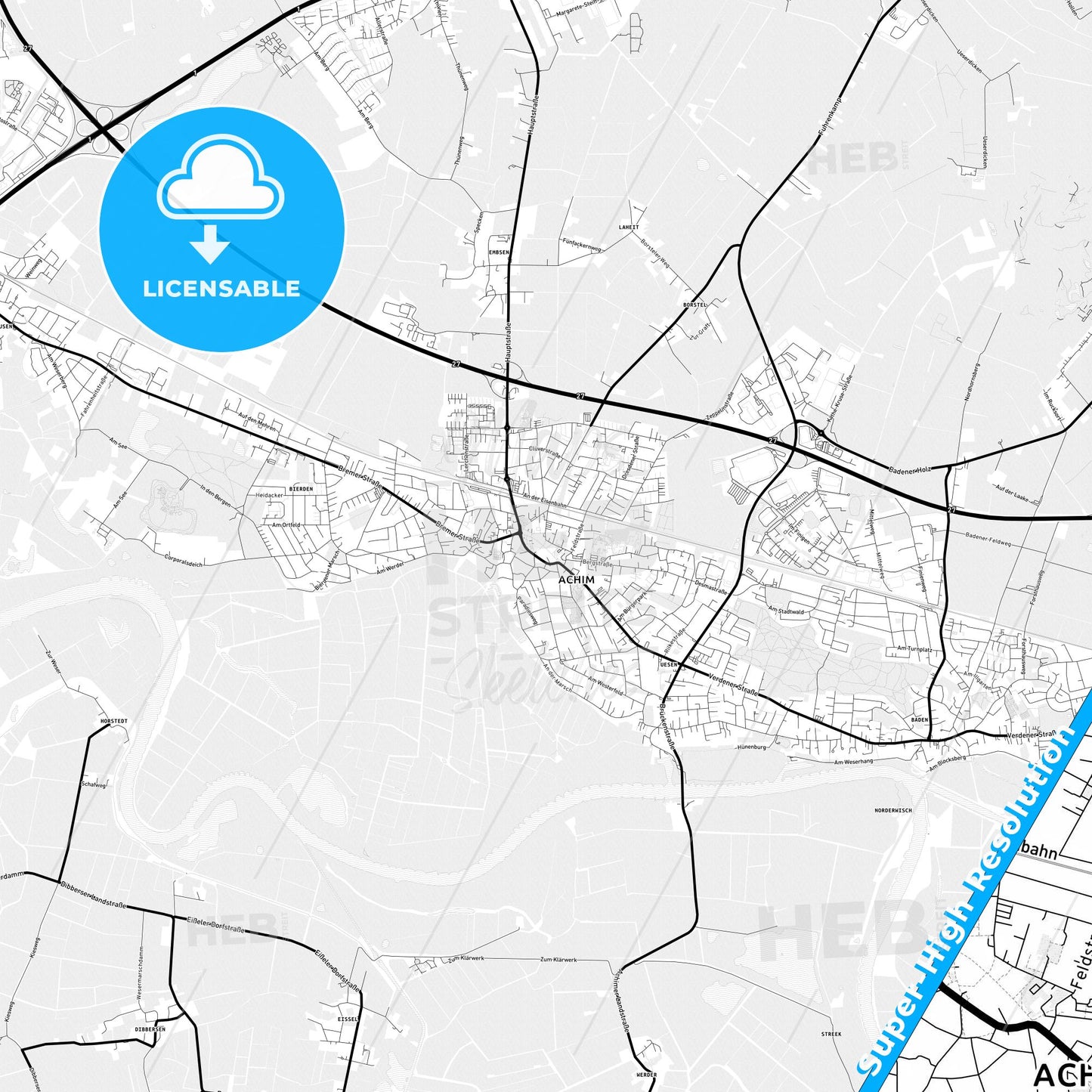 Achim, Germany Light Map with Street Names, City Names, and Districts