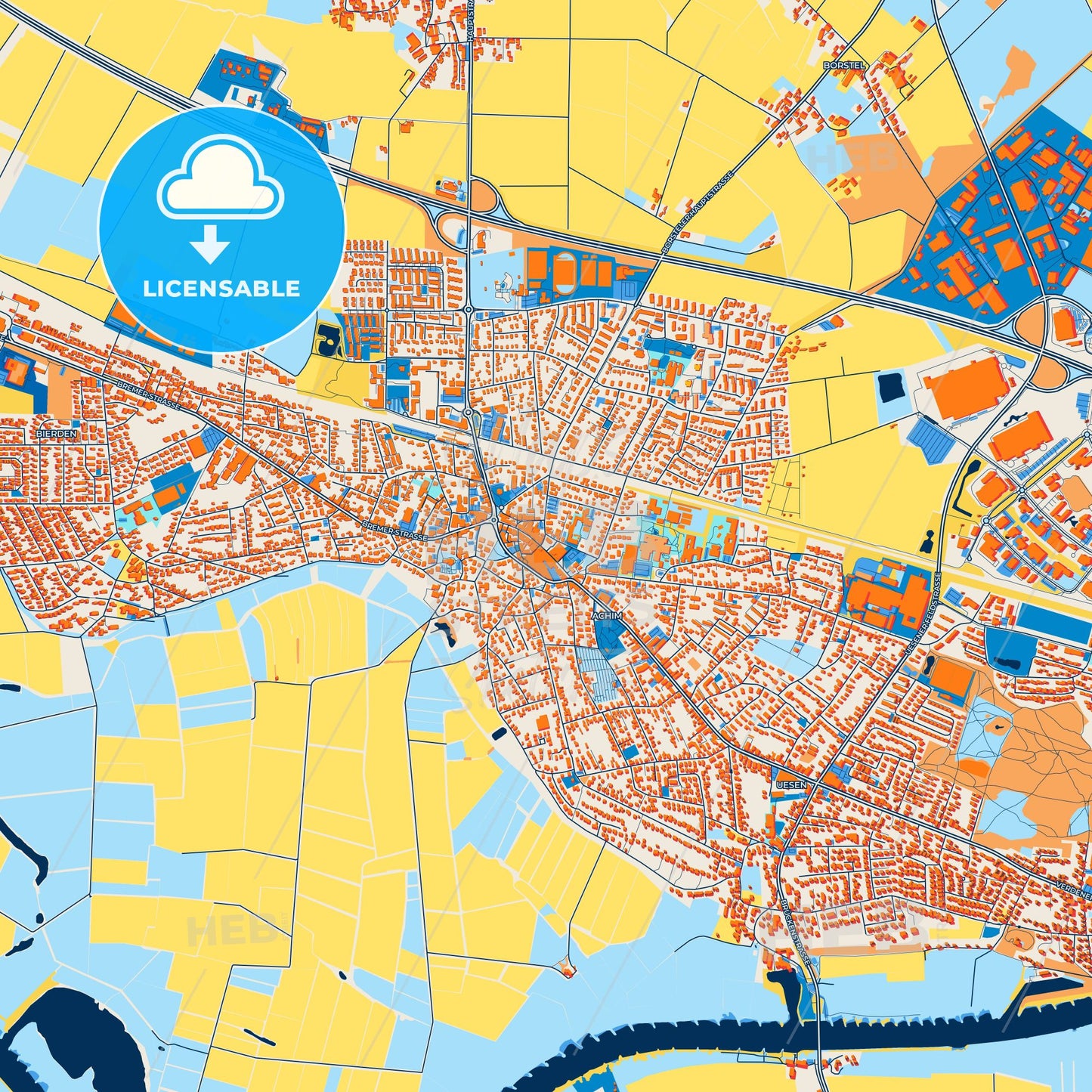Colorful Achim Street Map with Labels and Buildings