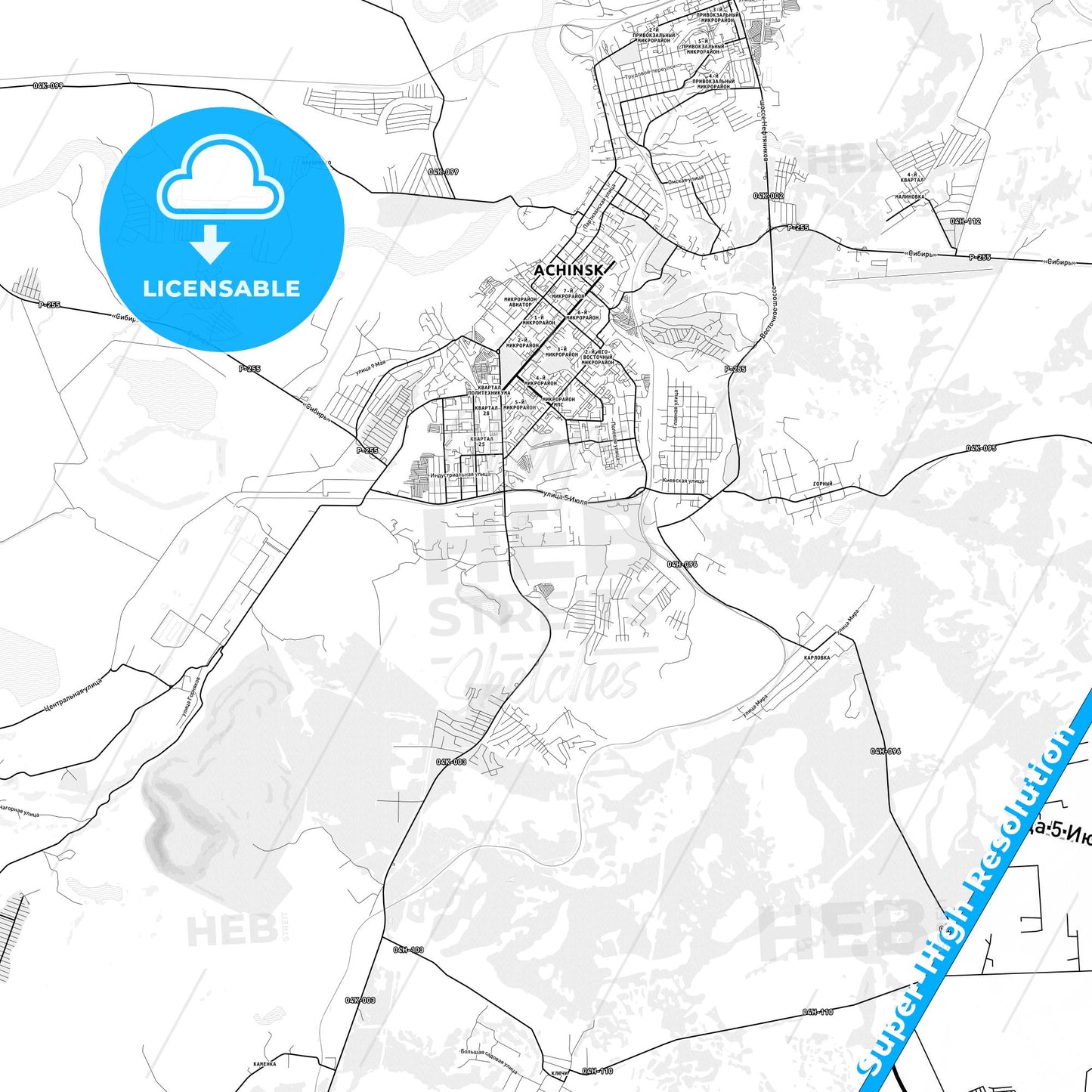 Achinsk, Russia light map with streetnames, citynames and districts