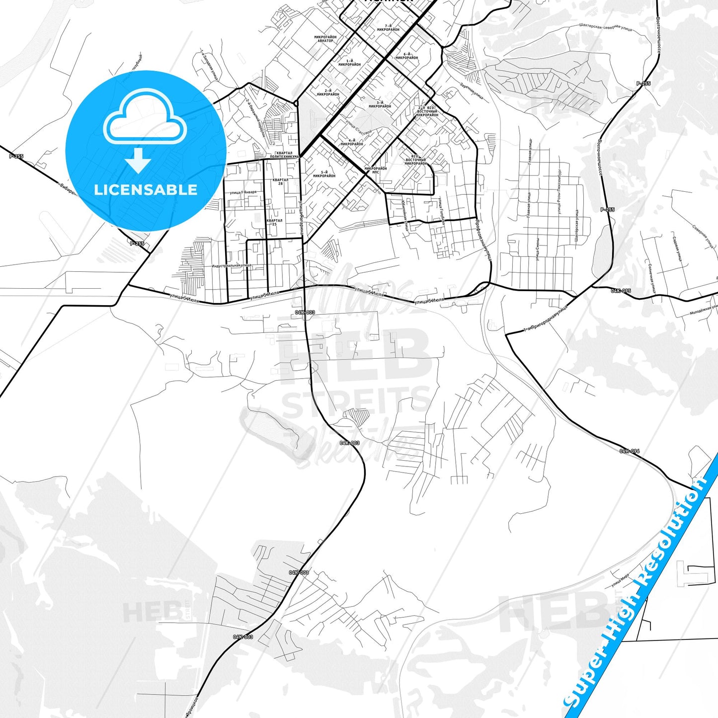 Achinsk, Russia Light Map with Street Names, City Names, and Districts