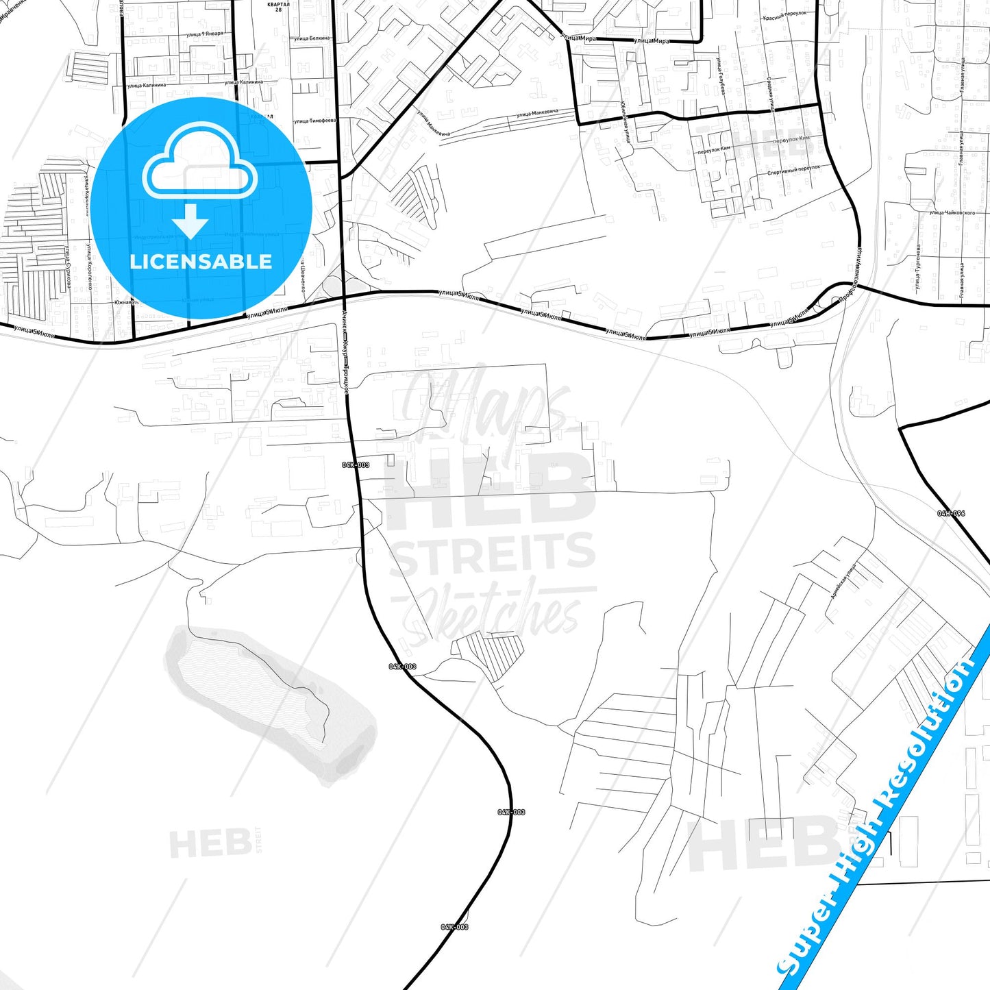 Achinsk, Russia Light Map with Street Names, City Names, and Districts