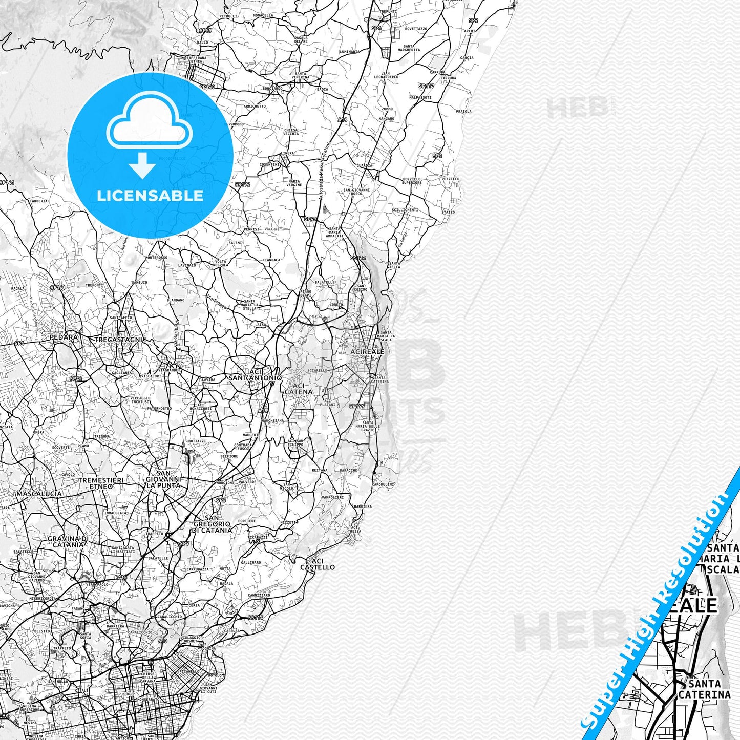 Acireale, Italy light map with streetnames, citynames and districts