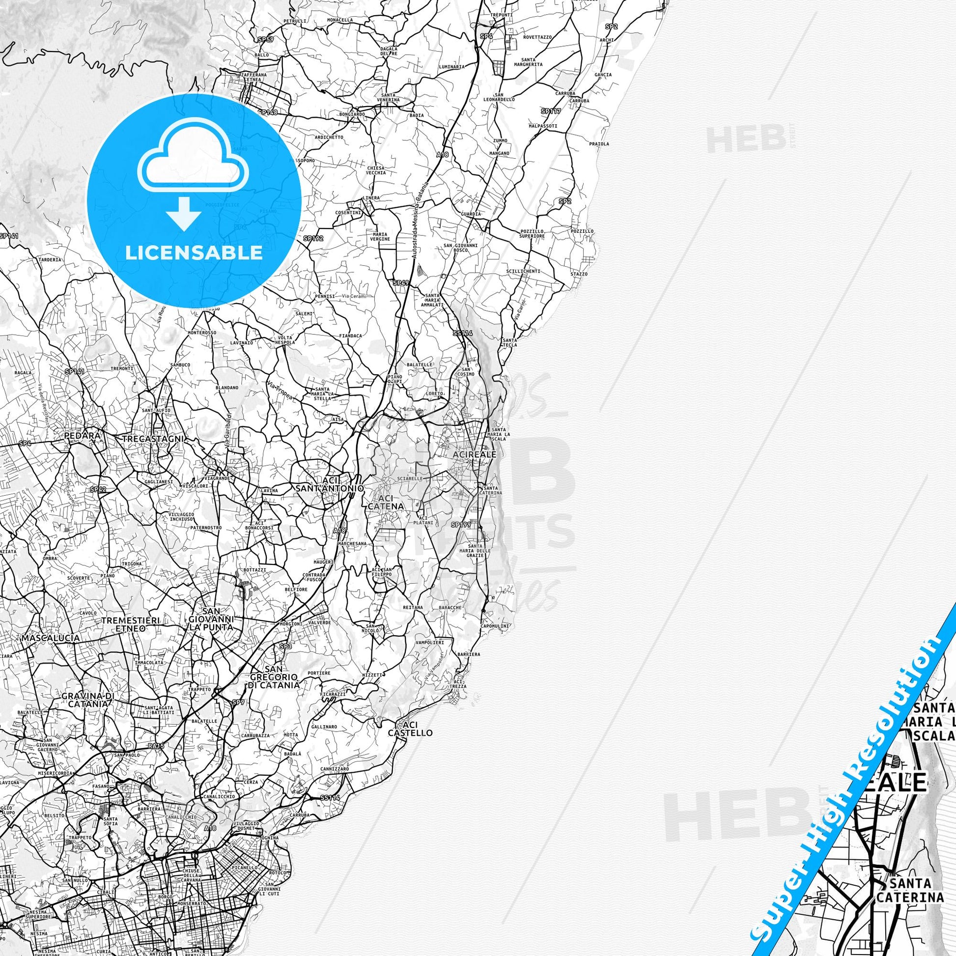 Acireale, Italy light map with streetnames, citynames and districts