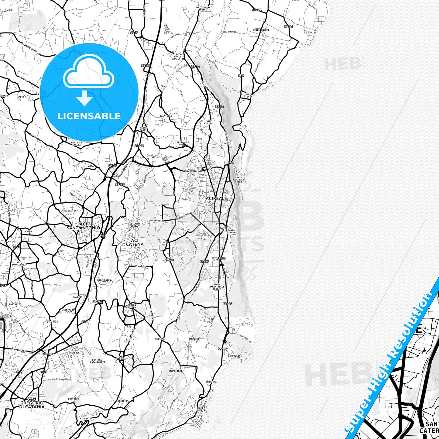 Acireale, Italy Light Map with Street Names, City Names, and Districts