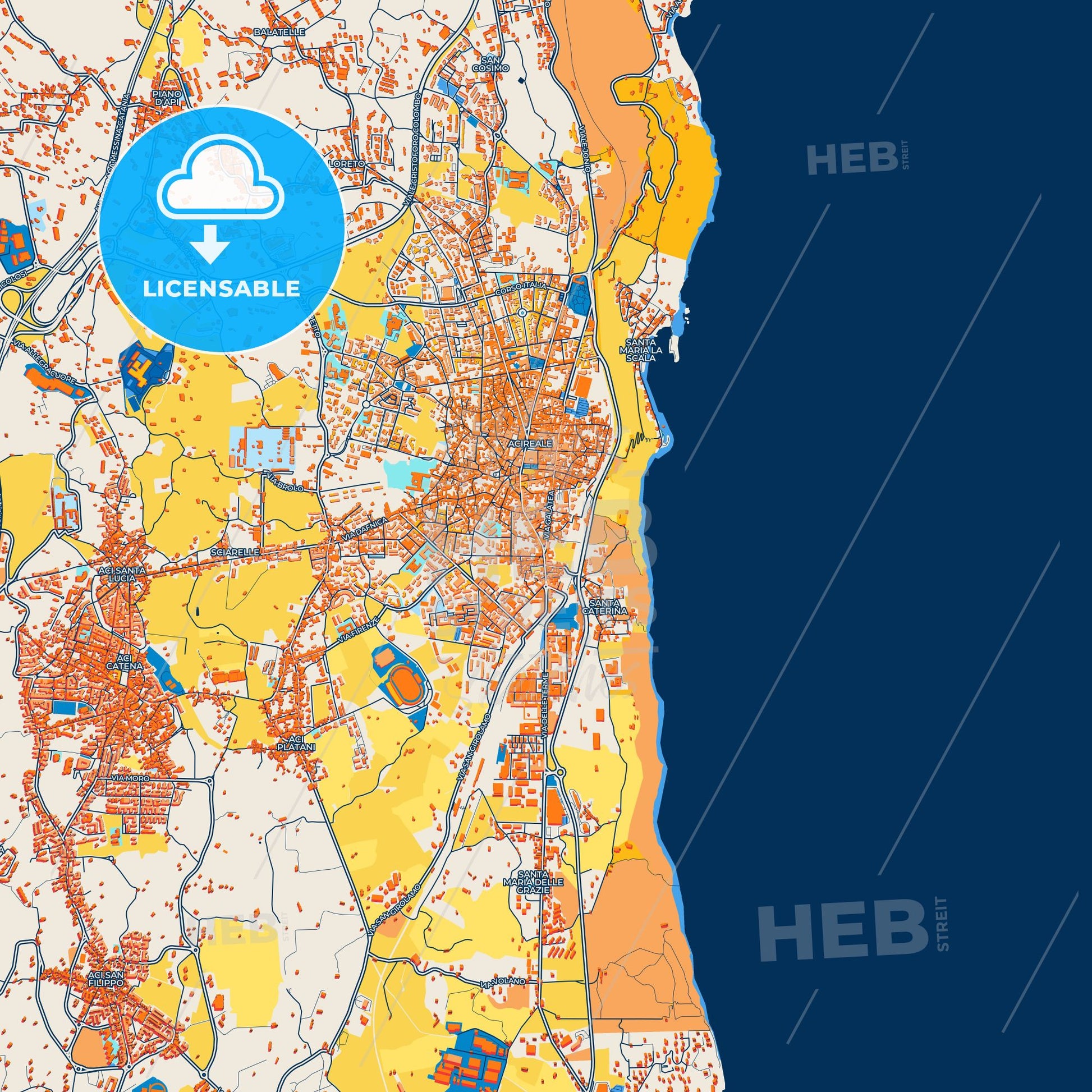 Colorful Acireale Street Map with Labels and Buildings
