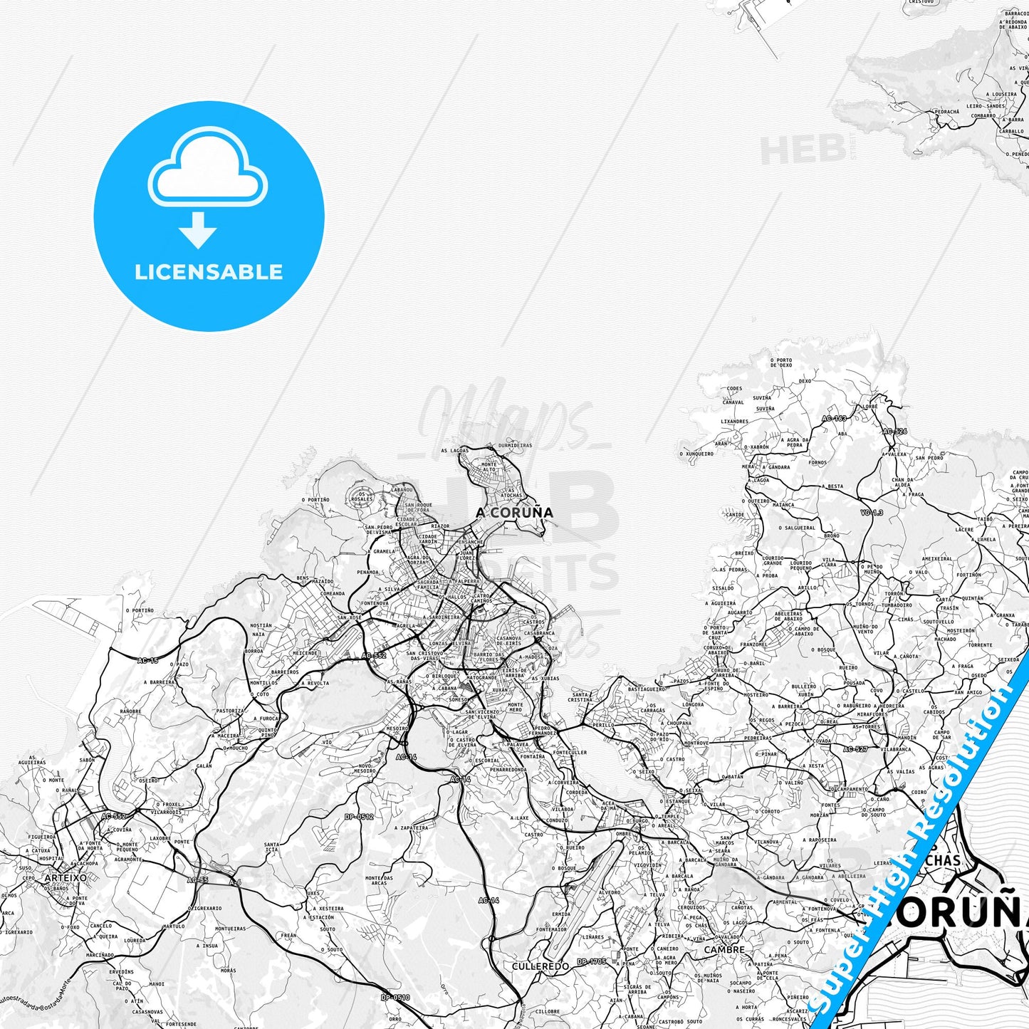 A Coruña, Spain light map with streetnames, citynames and districts