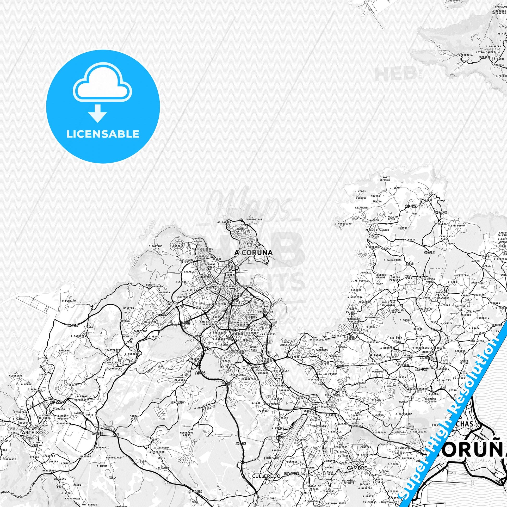 A Coruña, Spain light map with streetnames, citynames and districts