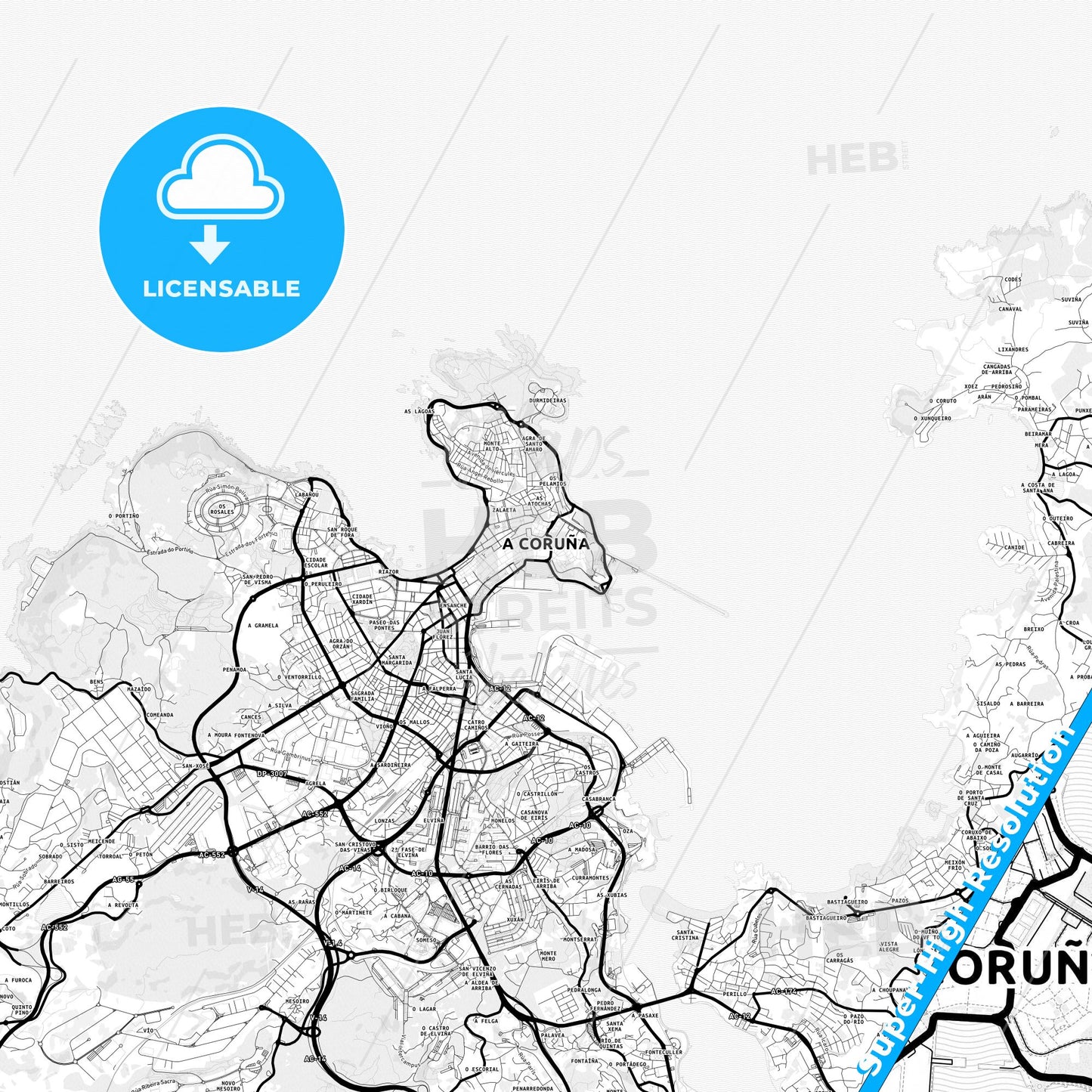 A Coruña, Spain Light Map with Street Names, City Names, and Districts