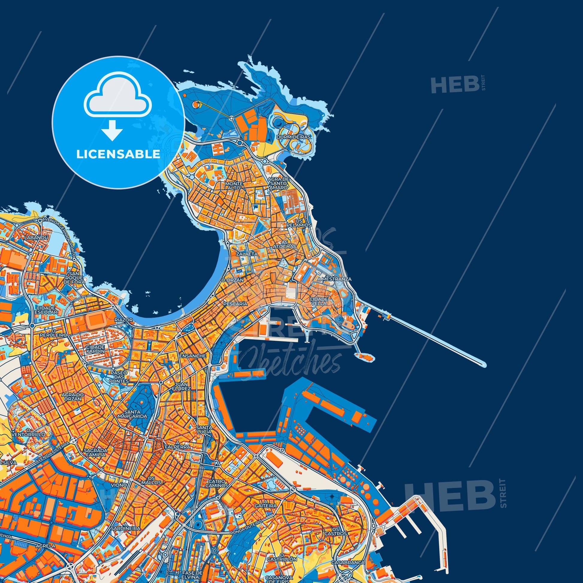 Colorful A Coruña Street Map with Labels and Buildings