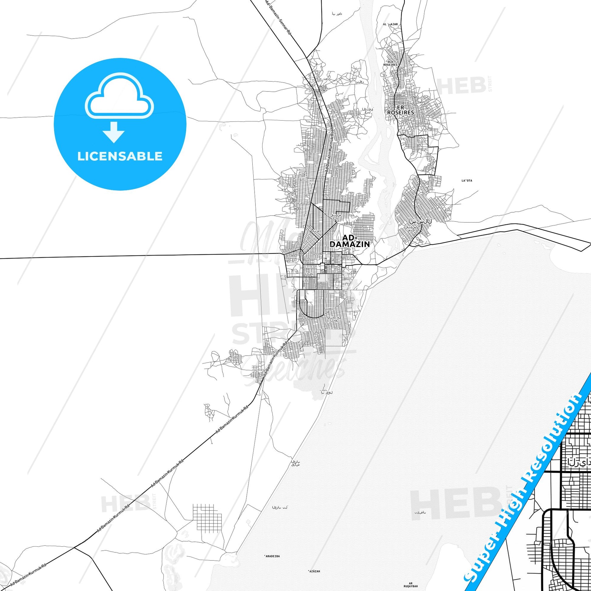 Ad-Damazin, Sudan light map with streetnames, citynames and districts