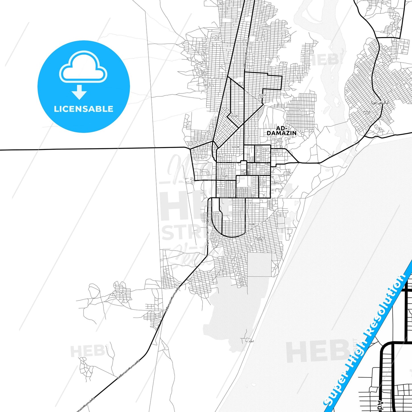 Ad-Damazin, Sudan Light Map with Street Names, City Names, and Districts