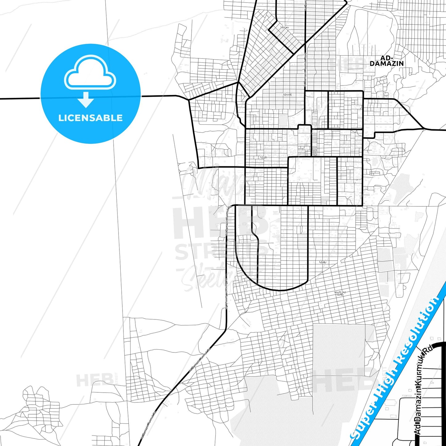 Ad-Damazin, Sudan Light Map with Street Names, City Names, and Districts