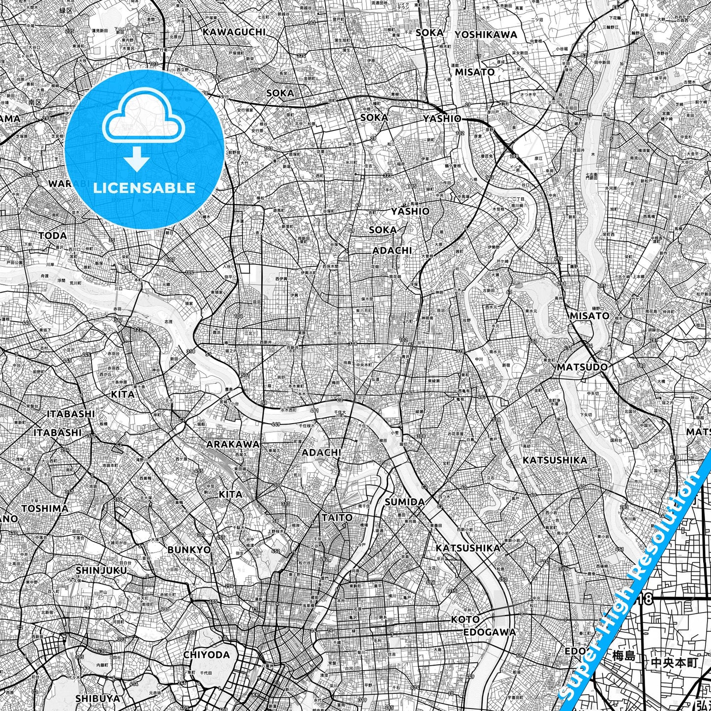Adachi, Japan light map with streetnames, citynames and districts