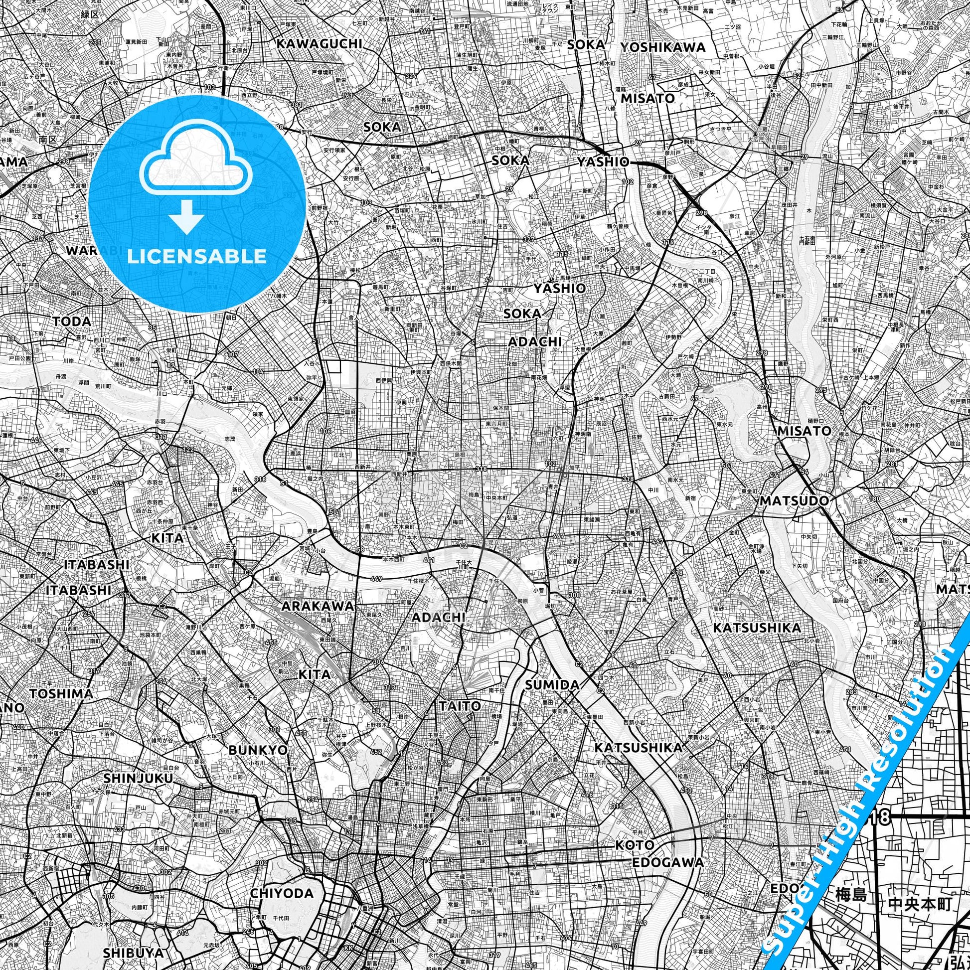 Adachi, Japan light map with streetnames, citynames and districts