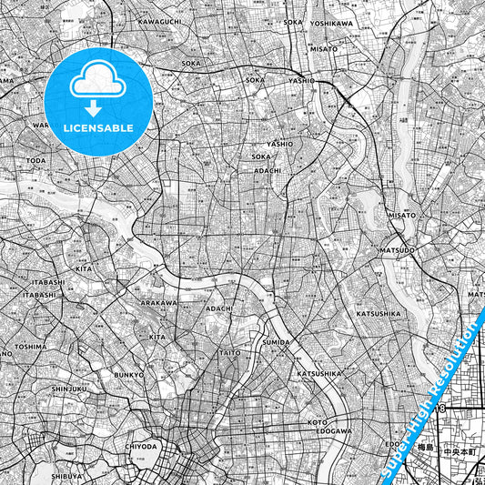 Adachi, Japan light map with streetnames, citynames and districts