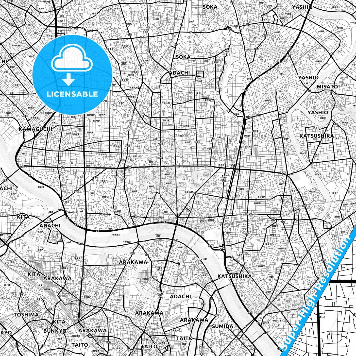 Adachi, Japan Light Map with Street Names, City Names, and Districts