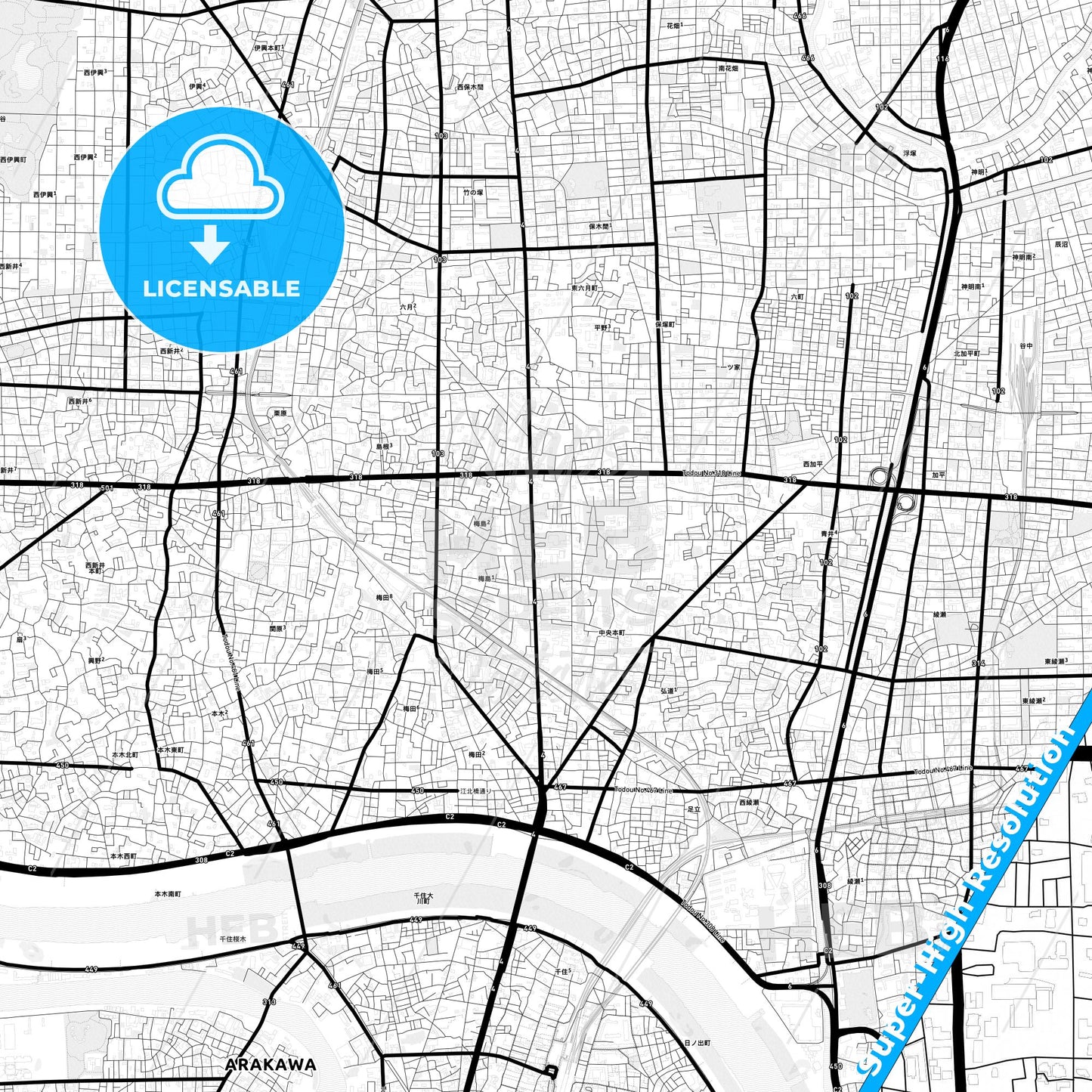 Adachi, Japan Light Map with Street Names, City Names, and Districts
