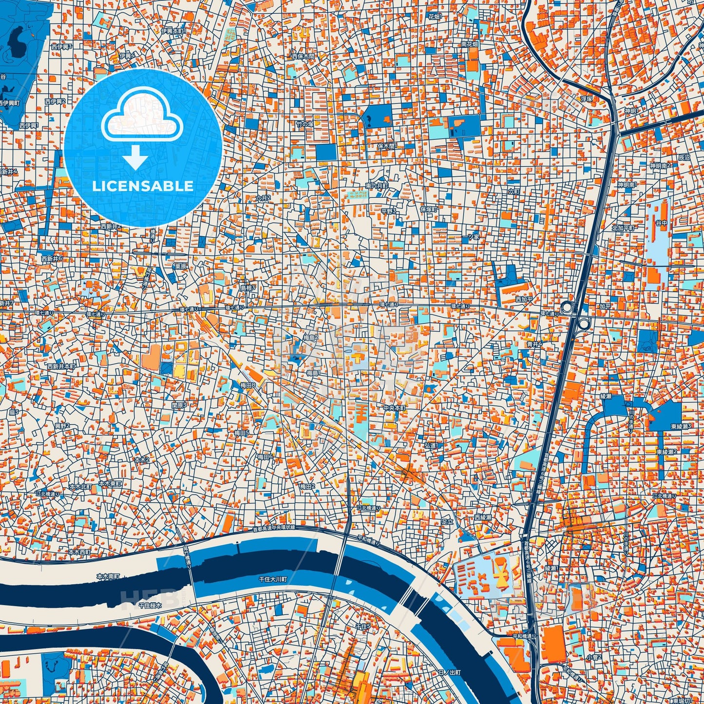 Colorful Adachi Street Map with Labels and Buildings
