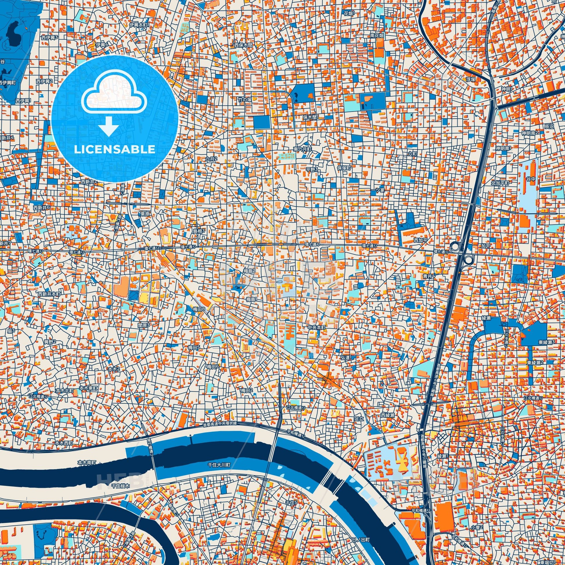 Colorful Adachi Street Map with Labels and Buildings