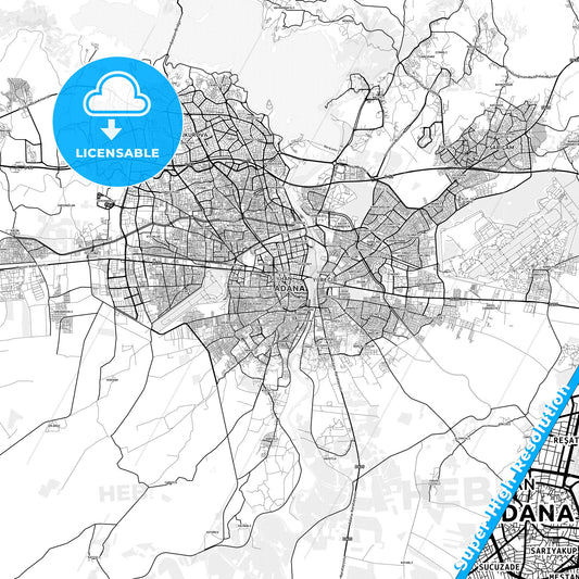 Adana, Turkey light map with streetnames, citynames and districts