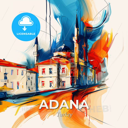 Vibrant Adana, Turkey - A Painting Of A Building With Towers - Square format print template