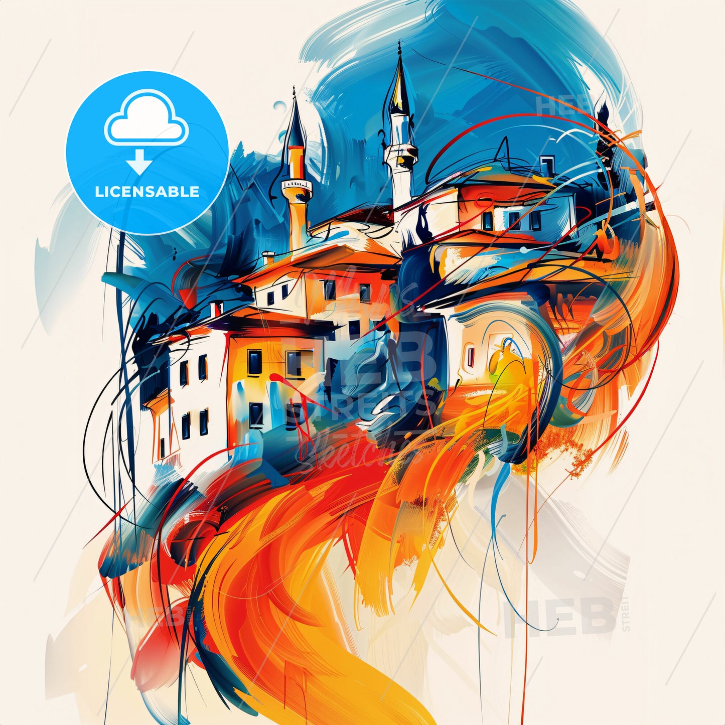 Vibrant Adapazari, Turkey - A Painting Of A Building With Towers And A Fire