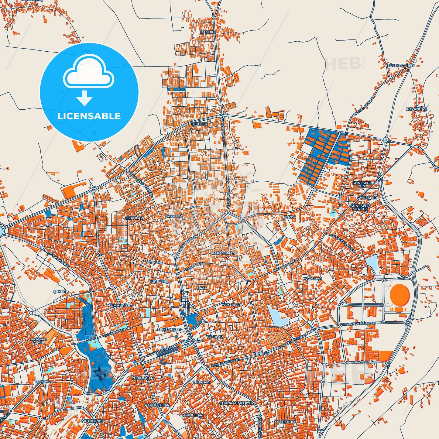 Colorful Adapazarı Street Map with Labels and Buildings