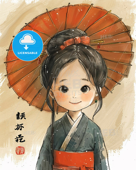 Beijing Vibrant Cartoon Girl Textured Poster - A cartoon of a girl with a red umbrella