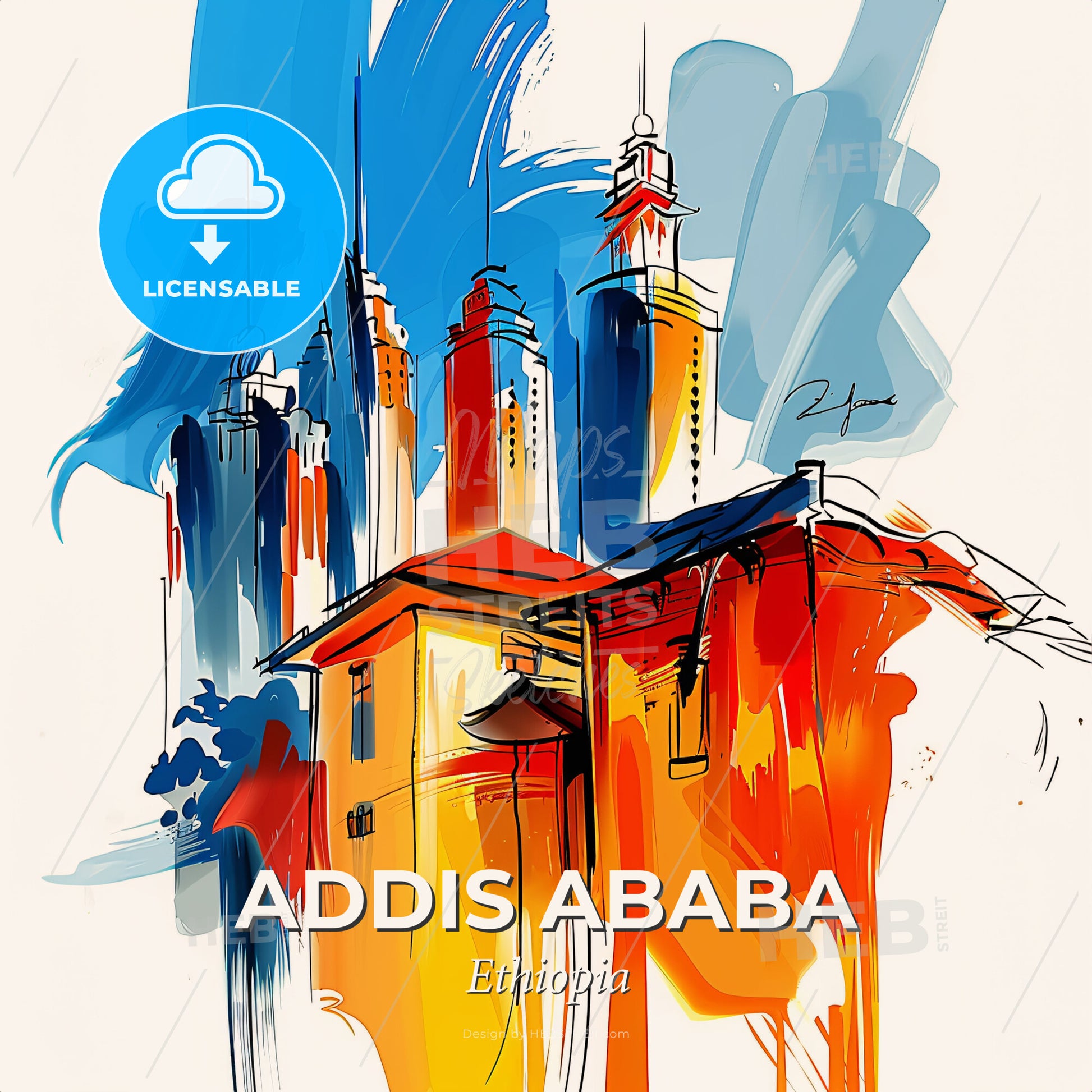 Vibrant Addis Ababa, Ethiopia - A Painting Of A Building With Towers And A Blue And Red Background - Square format print template