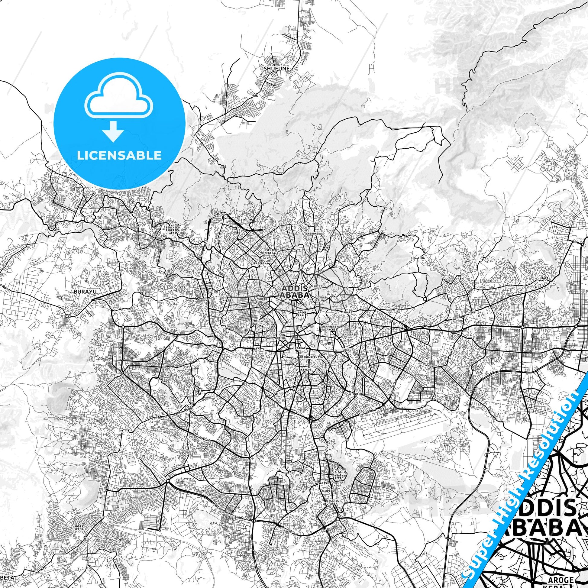 Addis Ababa, Ethiopia light map with streetnames, citynames and districts