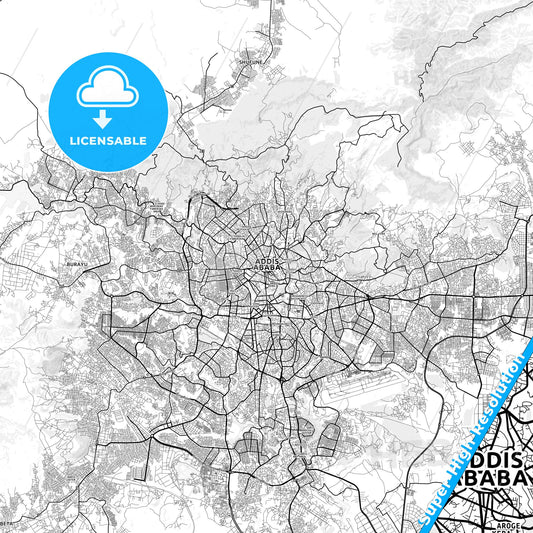 Addis Ababa, Ethiopia light map with streetnames, citynames and districts