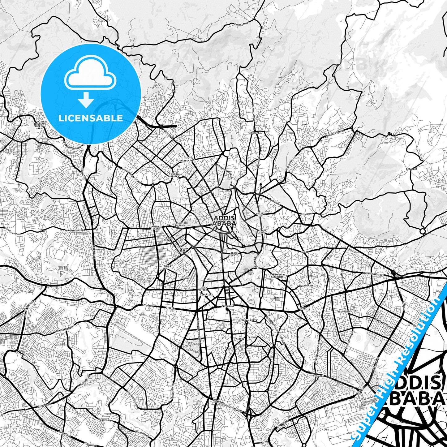 Addis Ababa, Ethiopia Light Map with Street Names, City Names, and Districts