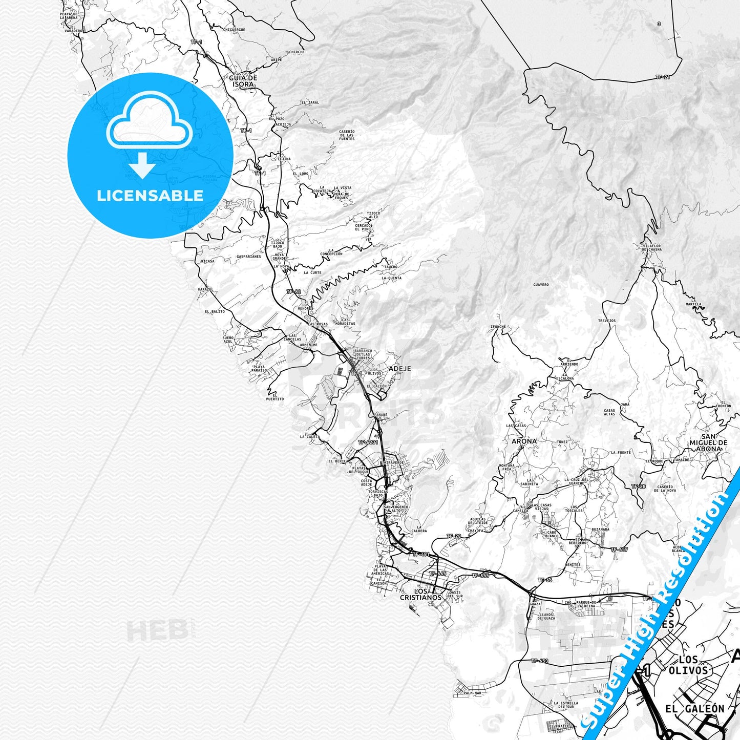 Adeje, Spain light map with streetnames, citynames and districts