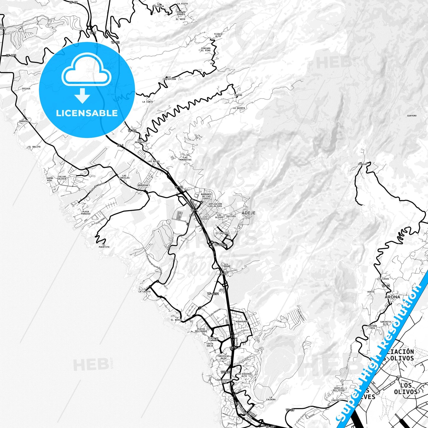 Adeje, Spain Light Map with Street Names, City Names, and Districts