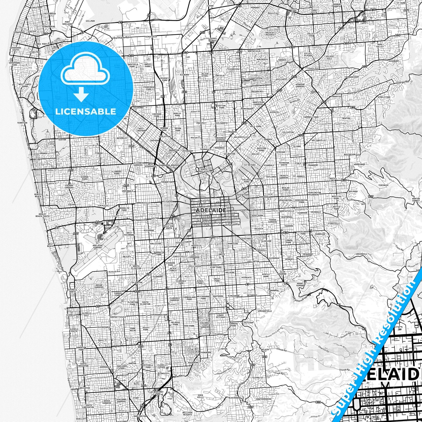 Adelaide, Australia light map with streetnames, citynames and districts