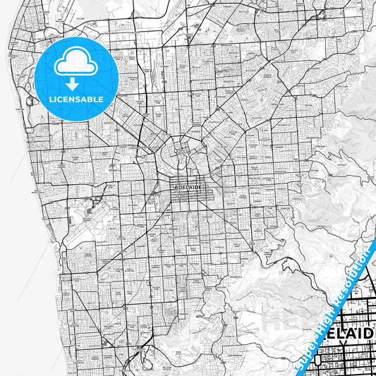 Adelaide, Australia light map with streetnames, citynames and districts