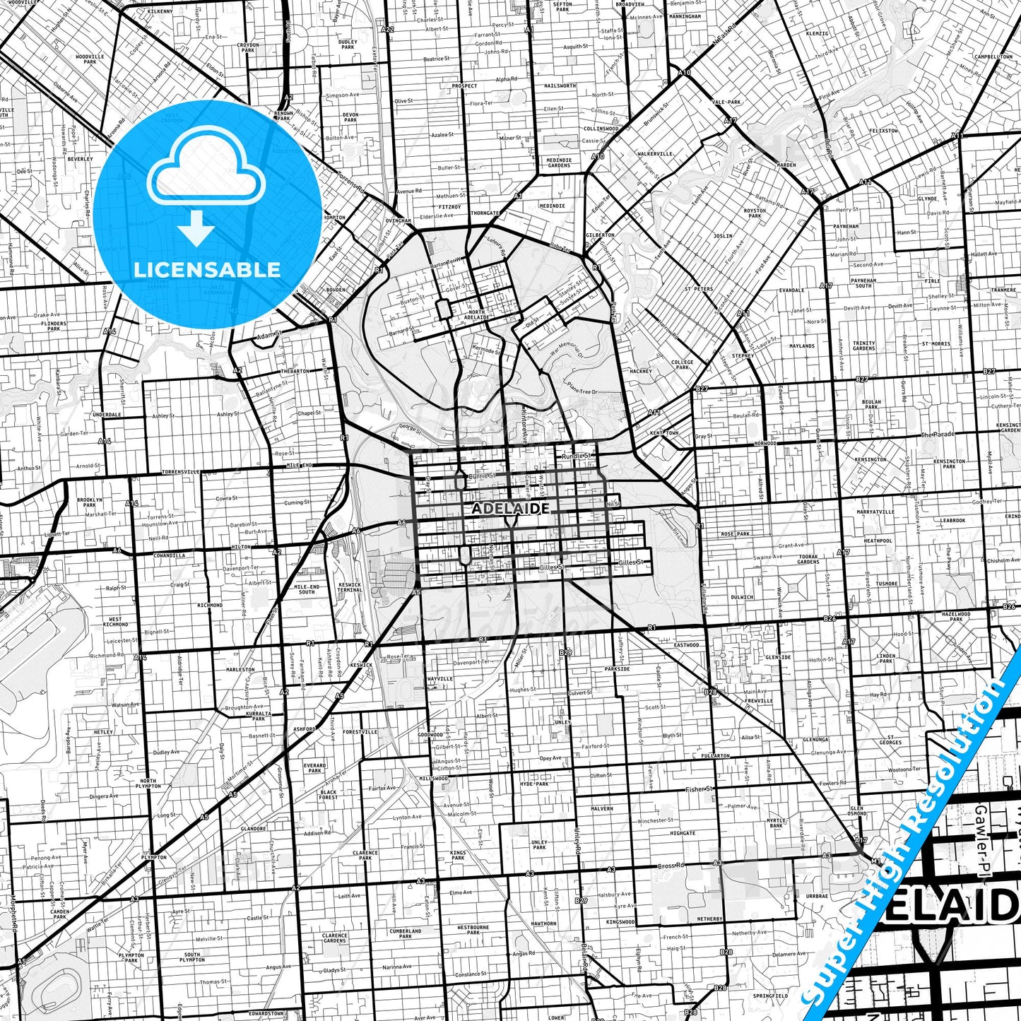 Adelaide, Australia Light Map with Street Names, City Names, and Districts